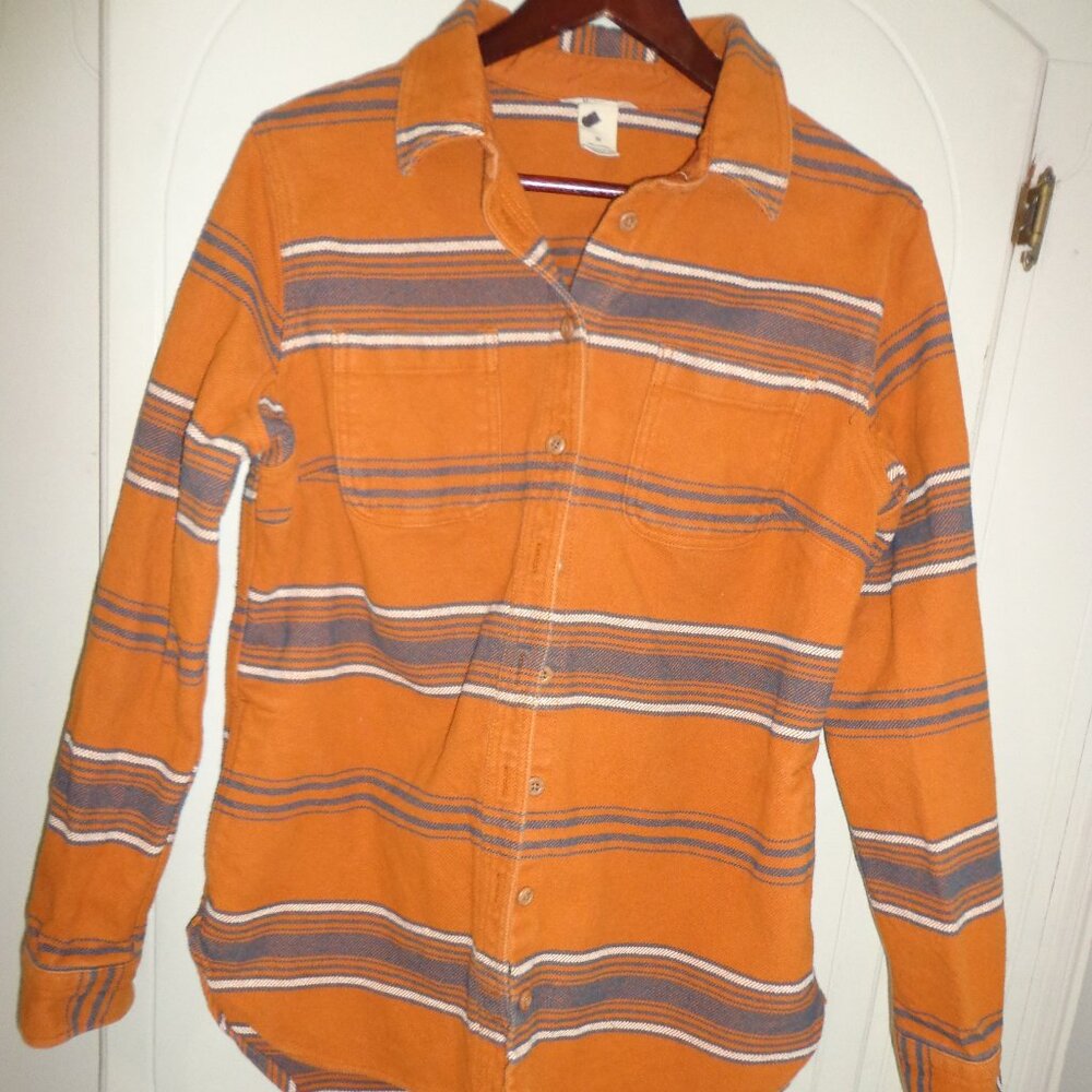 Wm's DULUTH TRADING CO. Thick Hi-Lo Button Down Shirt M Pumpkin Multi Stripes